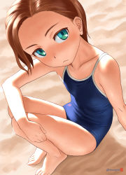 Rule 34 | 1girl, aqua eyes, bare arms, bare legs, bare shoulders, barefoot, blue one-piece swimsuit, blush, breasts, brown hair, collarbone, commentary request, competition school swimsuit, competition swimsuit, forehead, highres, looking at viewer, mu-pyon, one-piece swimsuit, original, outdoors, sand, school swimsuit, short hair, sitting, small breasts, solo, swimsuit, toes, twitter username