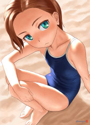 1girl aqua_eyes bare_arms bare_legs bare_shoulders barefoot blue_one-piece_swimsuit blush breasts brown_hair collarbone commentary_request competition_school_swimsuit competition_swimsuit forehead highres looking_at_viewer mu-pyon one-piece_swimsuit original outdoors sand school_swimsuit short_hair sitting small_breasts solo swimsuit toes twitter_username