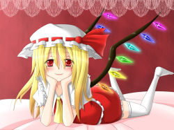 Rule 34 | 1girl, blonde hair, blouse, collared shirt, dotera, embodiment of scarlet devil, female focus, flandre scarlet, frilled vest, frills, hair between eyes, hanazome dotera, hat, mob cap, red background, red eyes, shirt, side ponytail, solo, thighhighs, touhou, vest, white hat, white shirt, white thighhighs, wings