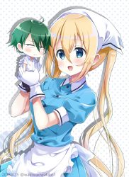 Rule 34 | 1boy, 1girl, :d, ahoge, akizuki kouyou, apron, black apron, black pants, blend s, blonde hair, blue eyes, blue shirt, blush, brown footwear, closed mouth, collared shirt, commentary request, frilled apron, frills, gloves, green hair, hair between eyes, head scarf, hinata kaho, long hair, looking at another, looking away, looking to the side, mini person, miniboy, neki (wakiko), open mouth, pants, polka dot, polka dot background, puffy short sleeves, puffy sleeves, shirt, short sleeves, smile, stile uniform, twintails, uniform, very long hair, waist apron, waitress, white apron, white background, white gloves