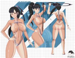 Rule 34 | 1girl, :3, alternate footwear, ass, black hair, breasts, eve (stellar blade), full body, grid background, holding, holding sword, holding weapon, large breasts, long hair, multiple tails, official alternate hair length, official alternate hairstyle, ponytail, skin suit (stellar blade), solo, stellar blade, sword, tail, tiredtorto, twitter username, weapon