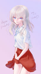 Rule 34 | 100zi, 1girl, blue eyes, blush, character name, commentary, cowboy shot, cursive, dated, dress shirt, english text, frown, girls und panzer, grey hair, happy birthday, heart, highres, itsumi erika, looking at viewer, medium hair, miniskirt, open mouth, purple background, red skirt, shirt, short sleeves, skirt, skirt tug, solo, standing, white shirt, wind, wind lift, wing collar