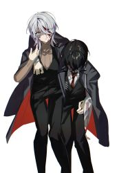 Rule 34 | 1boy, 1girl, black pants, blood, blood on clothes, blood on face, blue eyes, carrying over shoulder, collared shirt, expressionless, faust (project moon), formal, head down, highres, injury, jacket, limbus company, long sleeves, mu46016419, necktie, open clothes, open jacket, pants, project moon, shirt, suit, sweater, white background, white shirt, yi sang (project moon)