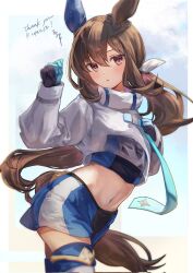 Rule 34 | 1girl, admire vega (umamusume), animal ears, black gloves, blue gloves, blue skirt, boots, brown hair, commentary request, commission, cropped jacket, gloves, hair between eyes, hair ribbon, hands up, highres, horse ears, horse girl, horse tail, jacket, long hair, long sleeves, looking at viewer, multicolored clothes, multicolored gloves, navel, parted lips, red eyes, ribbon, second-party source, skeb commission, skirt, solo, standing, tail, thank you, thigh boots, umamusume, very long hair, white footwear, white jacket, white ribbon, yoshiaki (yosiaki ml)