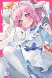 Rule 34 | 1girl, absurdres, apron, blue bow, blue dress, blue footwear, blush stickers, border, bow, chalice, cinnamoroll, commentary, cup, doughnut, dress, feet out of frame, food, hashtag-only commentary, heart, highres, long sleeves, looking at viewer, maid, maid apron, maid headdress, name tag, newda al, ootori emu, outside border, pantyhose, pink border, pink eyes, pink hair, project sekai, rabbit, sanrio, shoes, short hair, solo, spilling, spoon, star-shaped pupils, star (symbol), symbol-shaped pupils, teapot, white apron, white background, white pantyhose