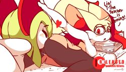 Rule 34 | 2girls, animal ears, animated, animated gif, apple, arm up, ass, bespectacled, blush, book, braixen, breasts, cleft of venus, creatures (company), cunnilingus, diives, english text, closed eyes, fang, female focus, food, fox ears, fox tail, from behind, fruit, furry, furry female, game freak, gen 3 pokemon, gen 6 pokemon, glasses, green hair, hand on another&#039;s head, hand up, heart, kirlia, licking, looking back, medium breasts, multiple girls, nintendo, nipples, no panties, open mouth, oral, paper, pokemon, pokemon (creature), pussy, pussy juice, red eyes, short hair, simple background, skirt, smile, spread legs, tail, talking, text focus, tongue, tongue out, top-down bottom-up, topless, uncensored, upskirt, white background, yuri