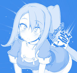 Rule 34 | 10s, 1girl, blue theme, elbow gloves, gloves, hair between eyes, kantai collection, leaning forward, long hair, monochrome, nachi (kancolle), personification, side ponytail, solo, translated, very long hair, yuzuriha p
