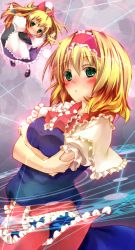 Rule 34 | 2girls, alice margatroid, apron, bad id, bad nicoseiga id, blonde hair, blush, bow, breasts, capelet, female focus, frills, green eyes, hairband, long hair, long skirt, long sleeves, mary janes, multiple girls, nironiro, ponytail, shanghai doll, shoes, skirt, small breasts, touhou