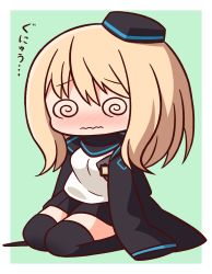 Rule 34 | 1girl, @ @, arknights, black hat, black jacket, black skirt, black thighhighs, blonde hair, blush, breasts, chibi, closed mouth, durin (arknights), facing viewer, full body, garrison cap, garrod ran, green background, hair between eyes, hana kazari, hat, highres, jacket, long hair, long sleeves, nose blush, open clothes, open jacket, pleated skirt, seiza, shadow, shirt, sitting, skirt, sleeves past fingers, sleeves past wrists, small breasts, solo, thighhighs, translation request, two-tone background, wavy mouth, white background, white shirt