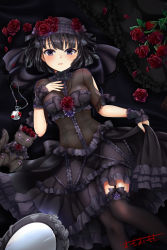 Rule 34 | 1girl, animal, bad id, bad pixiv id, black bow, black capelet, black cat, black dress, black eyes, black hair, black thighhighs, blush, bow, breasts, capelet, cat, commentary request, dress, flower, frilled capelet, frilled dress, frilled thighhighs, frills, gothic lolita, hair between eyes, hairband, highres, lolita fashion, lolita hairband, looking at viewer, medium breasts, mirror, omoomomo, original, parted lips, petals, pocket watch, red flower, red rose, rose, rose petals, see-through, short sleeves, signature, skirt hold, solo, thighhighs, watch, wrist cuffs