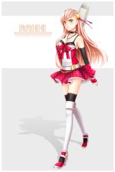 Rule 34 | 1girl, arm warmers, bag, bare shoulders, belt, black thighhighs, boots, bow, bowtie, buckle, character name, cross, detached sleeves, full body, hair ornament, jewelry, lace, lace-trimmed legwear, lace trim, long hair, necklace, omocha-san, original, pink hair, plaid, plaid skirt, shadow, simple background, skirt, sleeves past wrists, solo, star (symbol), thigh boots, thighhighs, walking, watermark, web address, white footwear, yellow eyes, zettai ryouiki