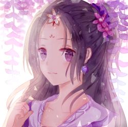 Rule 34 | 1girl, absurdres, bad id, bad pixiv id, black hair, closed mouth, commentary request, earrings, facial mark, flower, forehead mark, hair flower, hair ornament, highres, iceblue, jewelry, long hair, looking at viewer, original, portrait, purple eyes, solo, upper body