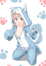 Rule 34 | 1girl, :d, absurdres, animal costume, animal ears, animal hands, araimelon, breasts, brown eyes, commentary, cosplay, english commentary, fang, full body, gloves, grey hair, highres, kneeling, long hair, looking at viewer, multicolored hair, naked costume, onii-chan wa oshimai!, open mouth, oyama mahiro, partially unzipped, paw gloves, paw pose, paw print, paw print background, pink hair, simple background, skin fang, small breasts, smile, solo, two-tone hair, white background, wolf costume, wolf ears, wolf hood, zipper pull tab