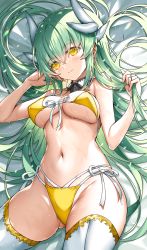 Rule 34 | 1girl, bikini, blush, breasts, closed mouth, dragon horns, fate/grand order, fate (series), green hair, highres, holding, holding own hair, horns, kiyohime (fate), kiyohime (fate/grand order), kiyohime (swimsuit lancer) (fate), kiyohime (swimsuit lancer) (first ascension) (fate), large breasts, long hair, looking at viewer, lying, morizono shiki, navel, on back, sideboob, smile, solo, swimsuit, thighhighs, underboob, white thighhighs, yellow bikini, yellow eyes