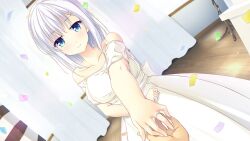Rule 34 | 1boy, 1girl, blue eyes, bow, breasts, closed mouth, confetti, dress, game cg, hair ornament, hairclip, husband and wife, indoors, jewelry, large breasts, light blush, looking at viewer, making lover, medium hair, non-web source, off-shoulder dress, off shoulder, official art, ring, smile, taniyama-san, tsukino mashiro, waist bow, wedding, wedding dress, wedding ring, white dress, white hair