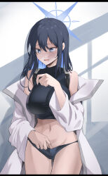 Rule 34 | 1girl, absurdres, bare shoulders, black panties, black shirt, blue archive, blue eyes, blue hair, breasts, coat, commentary request, cowboy shot, crop top, halo, highres, large breasts, long hair, luya (luyachan), midriff, navel, no headwear, off shoulder, open clothes, open coat, open mouth, panties, revision, saori (blue archive), shirt, sleeveless, sleeveless shirt, solo, standing, stomach, thighs, underwear, white coat