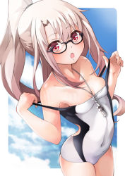 Rule 34 | 1girl, bare shoulders, blue sky, blush, breasts, collarbone, competition swimsuit, cosplay, covered navel, fate/grand order, fate/kaleid liner prisma illya, fate (series), glasses, hair between eyes, high ponytail, highleg, highleg swimsuit, highres, illyasviel von einzbern, jeanne d&#039;arc (fate), jeanne d&#039;arc (swimsuit archer) (fate), jeanne d&#039;arc (swimsuit archer) (fate) (cosplay), jeanne d&#039;arc (swimsuit archer) (second ascension) (fate), long hair, looking at viewer, mochi (k620803n), off shoulder, one-piece swimsuit, open mouth, red eyes, sidelocks, sky, small breasts, solo, swimsuit, thighs, whistle, whistle around neck, white hair