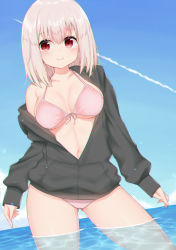 Rule 34 | 1girl, albino, bad id, bad pixiv id, bikini, blue sky, breasts, cloud, cloudy sky, collarbone, commentary request, contrail, day, dutch angle, front-tie bikini top, front-tie top, gluteal fold, hood, hoodie, long sleeves, looking at viewer, medium breasts, navel, nerisan, open clothes, open hoodie, original, outdoors, partial commentary, pink bikini, red eyes, shirt, silver hair, sky, solo, swimsuit, thighs, unzipped, wading, water, wet, wet clothes, wet shirt