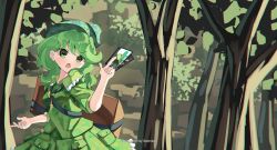 Rule 34 | 1girl, :o, between fingers, blush, box, breasts, camouflage, card, cowboy shot, forest, frilled shirt collar, frills, green eyes, green hair, green hat, green shirt, green skirt, hand up, hat, head tilt, highres, holding, holding card, key, nature, open mouth, outdoors, pocket, sachisudesu, shirt, skirt, skirt set, small breasts, solo, swept bangs, touhou, tree, unconnected marketeers, v-shaped eyebrows, yamashiro takane