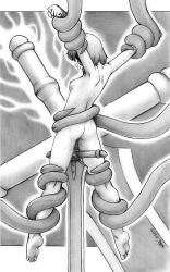 Rule 34 | 1girl, armpits, arms up, ass, back, barefoot, breasts, completely nude, from behind, graphite (medium), greyscale, harumachi nagaaki, heavy breathing, monochrome, nipples, nude, object insertion, original, pussy juice, restrained, small breasts, solo, sweat, sword, tentacles, traditional media, weapon, weapon insertion, zoom layer