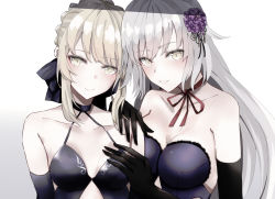 Rule 34 | 2girls, artoria pendragon (all), artoria pendragon (fate), bare shoulders, black dress, black ribbon, blonde hair, breasts, cleavage, collarbone, dress, elbow gloves, fate/grand order, fate (series), flower, gloves, gothic lolita, hair bun, hair flower, hair ornament, highres, jeanne d&#039;arc (fate), jeanne d&#039;arc alter (avenger) (fate), jeanne d&#039;arc alter (fate), ka1se1, large breasts, lolita fashion, long hair, looking at viewer, medium breasts, multiple girls, official alternate costume, ribbon, saber alter, silver hair, simple background, single hair bun, smile, strapless, strapless dress, upper body, white background, yellow eyes