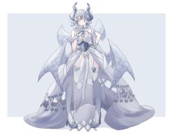 Rule 34 | 1girl, bare shoulders, blush, breasts, cleavage, demon girl, demon horns, demon wings, detached collar, dress, drill hair, duel monster, earrings, full body, gloves, grey background, grey eyes, grey hair, horns, jewelry, large breasts, leotard, long dress, looking down, lovely labrynth of the silver castle, multiple wings, nasubi3632, pointy ears, see-through, simple background, solo, thighhighs, transparent wings, twin drills, white background, white dress, white gloves, white leotard, white thighhighs, wings, yu-gi-oh!