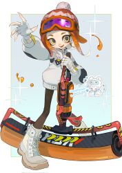 Rule 34 | 1girl, :d, arm up, beanie, blue background, blush, boots, border, brown pantyhose, carbon roller (splatoon), chibi, commentary, corrupted twitter file, english commentary, fang, fingerless gloves, gloves, goggles, goggles on head, hand up, hat, highres, holding, jacket, long sleeves, looking at viewer, medium hair, nintendo, octoling, octoling girl, octoling player character, open mouth, orange hair, orange hat, outside border, p-pepper, paint, paint roller, pantyhose, pom pom (clothes), pom pom beanie, puffy long sleeves, puffy sleeves, shoelaces, short eyebrows, sidelocks, simple background, ski goggles, smile, solo, sparkle, splatoon (series), tentacle hair, white border, white footwear, white gloves, white jacket, yellow eyes