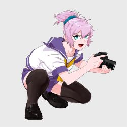 Rule 34 | 1girl, aoba (kancolle), bad id, bad twitter id, black footwear, black thighhighs, blue eyes, blue scrunchie, camera, full body, grey background, highres, kantai collection, loafers, looking at viewer, messy hair, neckerchief, ojipon, ponytail, purple hair, purple sailor collar, purple shorts, sailor collar, school uniform, scrunchie, serafuku, shoes, shorts, simple background, smile, solo, squatting, thighhighs, yellow neckerchief