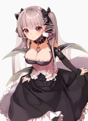 Rule 34 | 1girl, absurdres, azur lane, between breasts, black dress, blush, breasts, cleavage, collarbone, dress, flight deck, formidable (azur lane), frilled dress, frills, grey hair, highres, holding clothes, holding dress, holding skirt, large breasts, long hair, red eyes, ribbon, skirt, skirt hold, solo, twintails, two-tone dress, two-tone ribbon, very long hair
