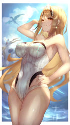 Rule 34 | 1boy, 1girl, absurdres, arm up, armpits, blonde hair, blue sky, breasts, cleavage, closed mouth, cloud, cloudy sky, dragon, earrings, hair between eyes, hair ornament, hand on own hip, highres, jewelry, large breasts, long hair, looking at viewer, mythra (xenoblade), one-piece swimsuit, rex (xenoblade), shiburingaru, sky, smile, swimsuit, tiara, white one-piece swimsuit, xenoblade chronicles (series), xenoblade chronicles 2, yellow eyes