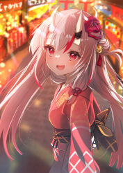 Rule 34 | 1girl, :d, absurdres, bell, breasts, fang, festival, food stand, grey hair, hair between eyes, hair ornament, highres, hololive, horns, japanese clothes, kimono, looking at viewer, mask, multicolored hair, nakiri ayame, oni mask, open mouth, red eyes, red hair, red kimono, skin-covered horns, skin fang, small breasts, smile, solo, streaked hair, terra bose, virtual youtuber, yukata