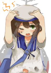 Rule 34 | 1girl, bag, blue sailor collar, blush, brown hair, daitou (kancolle), dirty, dirty clothes, dress, green eyes, hair between eyes, hands on headwear, hat, kantai collection, megane poni, one-hour drawing challenge, one eye closed, open mouth, sailor collar, sailor dress, sailor hat, short hair, simple background, solo, tears, torn clothes, twitter username, white background