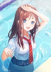 Rule 34 | 1girl, absurdres, akaike, blue eyes, blush, breasts, brown hair, caustics, hand on forehead, highres, huge filesize, lane line, large breasts, long hair, looking at viewer, necktie, original, pool, red neckwear, school uniform, shirt, smile, uniform, wading, wet, wet clothes, wet shirt, white shirt
