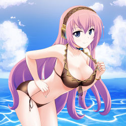 Rule 34 | 1girl, bent over, bikini, blue eyes, breasts, brown bikini, cleavage, day, front-tie top, hyokkori tamago, large breasts, leaning forward, long hair, looking at viewer, megurine luka, nail polish, pink hair, project diva, project diva (series), side-tie bikini bottom, solo, swimsuit, vocaloid