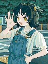 Rule 34 | 1girl, black hair, blue overalls, hair bobbles, hair ornament, hand up, highres, kagenoyuhi, open mouth, original, outdoors, overalls, road, shirt, short hair, short sleeves, solo, standing, street, t-shirt, two side up, upper body, white shirt, yellow eyes