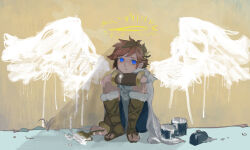 Rule 34 | 1boy, arm on knee, arm support, blue eyes, brown hair, commentary, drawn halo, drawn wings, halo, kid icarus, male focus, nintendo, on ground, osakana (oishiiosakana), paint, paint can, paintbrush, parted lips, pit (kid icarus), sandals, short hair, sitting, solo, trim brush, white paint