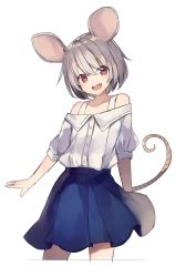 Rule 34 | 1girl, :d, absurdres, alternate costume, animal ears, blue skirt, brown eyes, buttons, cowboy shot, grey hair, highres, looking at viewer, mouse ears, mouse tail, nazrin, open mouth, pleated skirt, shugao, simple background, skirt, smile, solo, tail, touhou, white background
