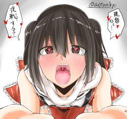 Rule 34 | 10s, 1girl, aotankyo, artist name, black hair, heart, heart-shaped pupils, highres, kantai collection, long hair, looking at viewer, open mouth, oral invitation, red eyes, sendai (kancolle), solo, symbol-shaped pupils, teeth, text focus, tongue, tongue out, translation request, twintails, upper body, uvula