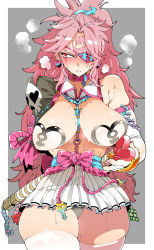 Rule 34 | 1girl, alternate weapon, amputee, baiken, between breasts, blush, breasts, collar, earrings, elbow gloves, embarrassed, eyepatch, facial tattoo, gloves, guilty gear, guilty gear xrd, heart, heart earrings, heart eyepatch, heart pasties, heavy breathing, high ponytail, highres, jewelry, kafun, large breasts, long hair, looking away, magical girl, mars symbol, nose blush, one-eyed, pasties, pink collar, pink hair, pleated skirt, red eyes, sagging breasts, scar, scar across eye, scar on face, single elbow glove, skindentation, skirt, skull print, solo, sweat, tattoo, thick thighs, thighs, topless, very long hair, wand, weapon, white gloves, white legwear, white skirt