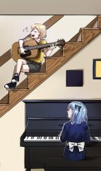 Rule 34 | 2girls, aged down, bang dream!, bang dream! it&#039;s mygo!!!!!, black bow, black footwear, blonde hair, blue dress, blue hair, blush, bow, closed eyes, closed mouth, commentary, dress, grey shorts, hashtag only commentary, highres, indoors, instrument, misumi uika, multiple girls, music, nohee07, open mouth, piano, playing guitar, playing instrument, playing piano, shirt, short hair, short sleeves, shorts, singing, sitting, stairs, teeth, togawa sakiko, two side up, upper teeth only, white bow, yellow shirt