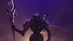 Rule 34 | 1boy, absurdres, artificial eye, cape, cyborg, highres, holding, holding staff, holding weapon, male focus, mechanical arms, mechanical eye, mechanical parts, official art, official wallpaper, overwatch, overwatch 2, purple background, ramattra (overwatch), robot, simple background, solo, staff, standing, upper body, weapon, yellow eyes