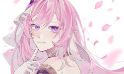 Rule 34 | 1girl, bare shoulders, blush, closed mouth, commentary request, elysia (honkai impact), from side, gloves, hair between eyes, hair ornament, hand up, highres, honkai (series), honkai impact 3rd, long hair, looking at viewer, looking to the side, petals, pink hair, purple eyes, simple background, solo, suzu (0943 su), upper body, white background, white gloves