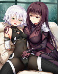 Rule 34 | 2girls, armor, bandages, bandaged arm, bandages, bare shoulders, bdsm, black legwear, black panties, blush, bodysuit, bondage, bound, bound wrists, commentary request, couch, covered navel, crop top, covered erect nipples, scar on face, fate/apocrypha, fate/grand order, fate (series), green eyes, haneru, highres, jack the ripper (fate/apocrypha), long hair, looking at another, looking down, multiple girls, navel, open mouth, panties, parted lips, pauldrons, purple bodysuit, purple hair, red eyes, scar, scar on cheek, scar on face, scathach (fate), scathach (fate), short hair, shoulder armor, silver hair, sitting, sleeveless, spread legs, thighhighs, underwear, very long hair, window, yuri