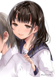 Rule 34 | 1boy, 1girl, :d, artist name, black hair, blunt bangs, blush, brown eyes, collarbone, collared shirt, dress shirt, hand on another&#039;s shoulder, hanekoto, head out of frame, long hair, long sleeves, open mouth, original, school uniform, serafuku, shirt, signature, silver hair, simple background, smile, upper body, white background, wing collar