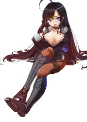 Rule 34 | 1girl, :|, ahoge, arm support, armor, armored boots, black footwear, black hair, blue eyes, blush, boots, breasts, choker, cleavage, closed mouth, closers, full body, hair ornament, hairclip, holster, knee boots, large breasts, lhu (barappra1), long hair, looking at viewer, open mouth, pantyhose, sitting, sleeves past wrists, solo, sweatdrop, thigh holster, undressing, white background, yuri seo