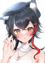 Rule 34 | 1girl, 1other, :o, animal ear fluff, animal ears, bad id, bad twitter id, bare shoulders, beret, black hair, black headwear, blush, braid, breasts, cleavage, commentary, embarrassed, flipped hair, hat, highres, holding hands, hololive, interlocked fingers, jewelry, lace, long hair, looking at viewer, low ponytail, multicolored hair, namagome negi, necklace, ookami mio, ookami mio (street), parted lips, pov, pov hands, red hair, shirt, side braid, sidelocks, sleeveless, sleeveless shirt, solo focus, streaked hair, symbol-only commentary, virtual youtuber, white shirt, wolf ears, wolf girl, yellow eyes