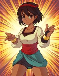 Rule 34 | 1girl, ajna (indivisible), beads, bike shorts, black eyes, bracelet, bridal gauntlets, brown hair, commentary, cowboy shot, dark-skinned female, dark skin, fighting stance, hair ornament, indivisible, jewelry, looking at viewer, sash, short hair, shunkaku, signature, solo, standing