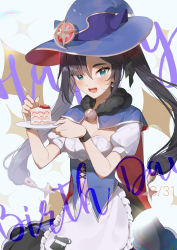 Rule 34 | 1girl, :d, absurdres, alternate costume, apron, aqua eyes, bell, black hair, black skirt, blue headwear, blush, breasts, cake, cake slice, cape, center opening, cleavage, corset, crescent, crescent hat ornament, dated, eyebrows hidden by hair, food, fruit, fur collar, genshin impact, happy birthday, hat ornament, highres, holding, holding plate, jingle bell, kkopoli, long hair, looking at viewer, medium breasts, mona (genshin impact), multicolored background, open mouth, plate, puffy short sleeves, puffy sleeves, red cape, short sleeves, skirt, smile, solo, strapless, strawberry, twintails, very long hair, waist apron, white apron, wristband