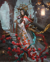 Rule 34 | 1girl, 2015, amaterasu (mythology), artist name, black hair, copyright name, detached sleeves, fire, fire, floral print, flower, full body, hand mirror, headpiece, hood, hood down, jewelry, lantern, lipstick, long hair, makeup, mirror, mobius final fantasy, official art, rakuen, ring, solo, square enix, stairs, standing, watermark, wide sleeves