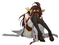 Rule 34 | 10s, 1girl, ahoge, black footwear, black thighhighs, boots, brown hair, detached sleeves, full body, hairband, hugging own legs, japanese clothes, kantai collection, kongou (kancolle), long hair, nontraditional miko, r left, ribbon-trimmed sleeves, ribbon trim, rn (radon&#039;ya), simple background, sitting, skirt, solo, thigh boots, thighhighs, very long hair, white background